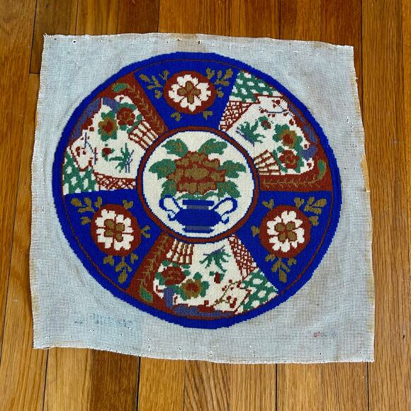 Vintage Round Floral Basket & Urn Needlepoint in Blue, Rust, & Ivory – Unframed - Picture 2 of 9